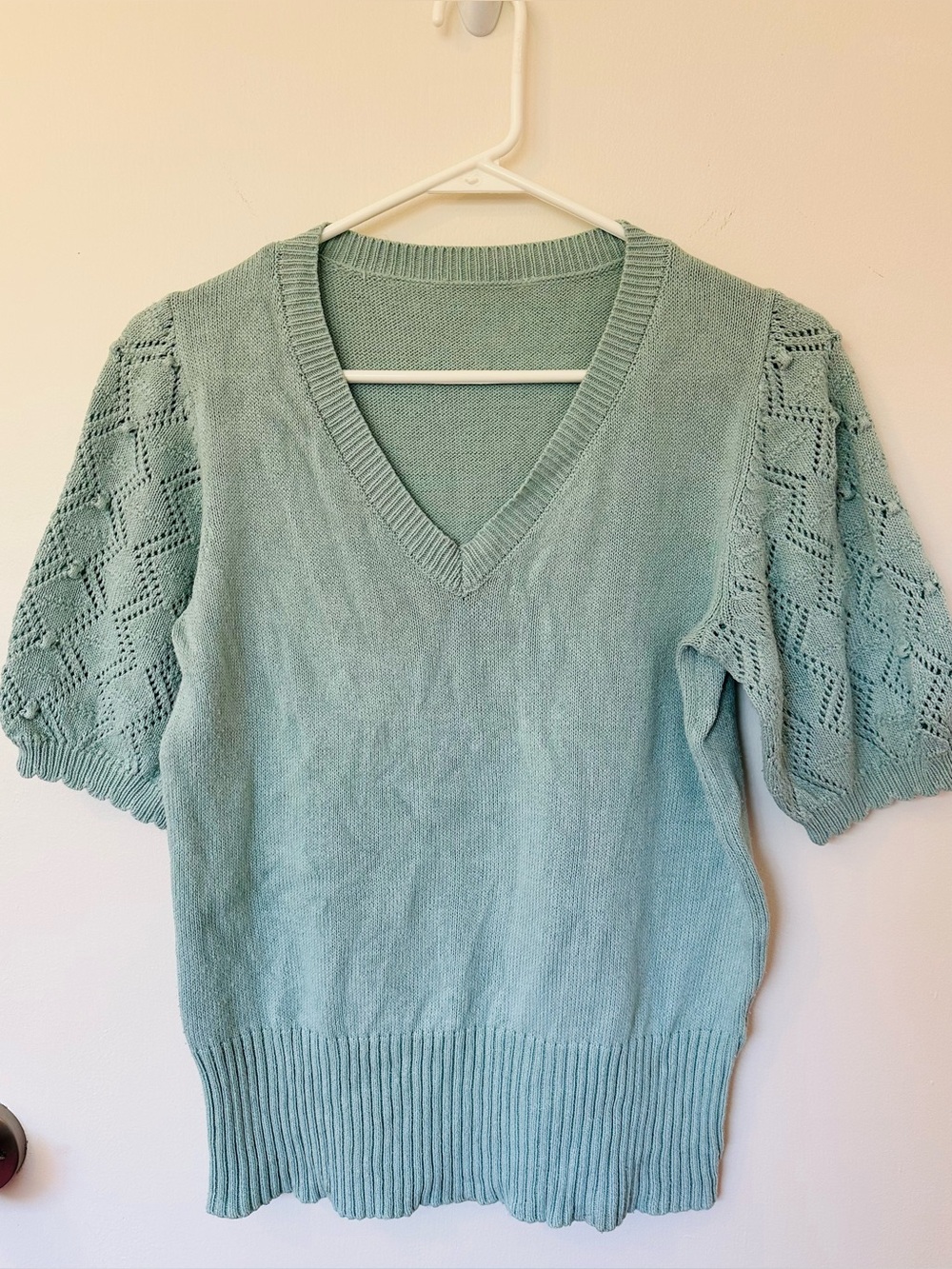 Light Blue V-Neck Knit Sweater with Puff Lace Sleeves